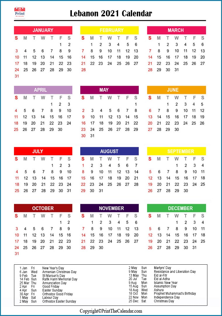 Lebanon Printable Calendar 2021